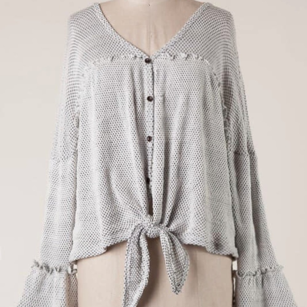 Waffle Knit Tie Grey Top